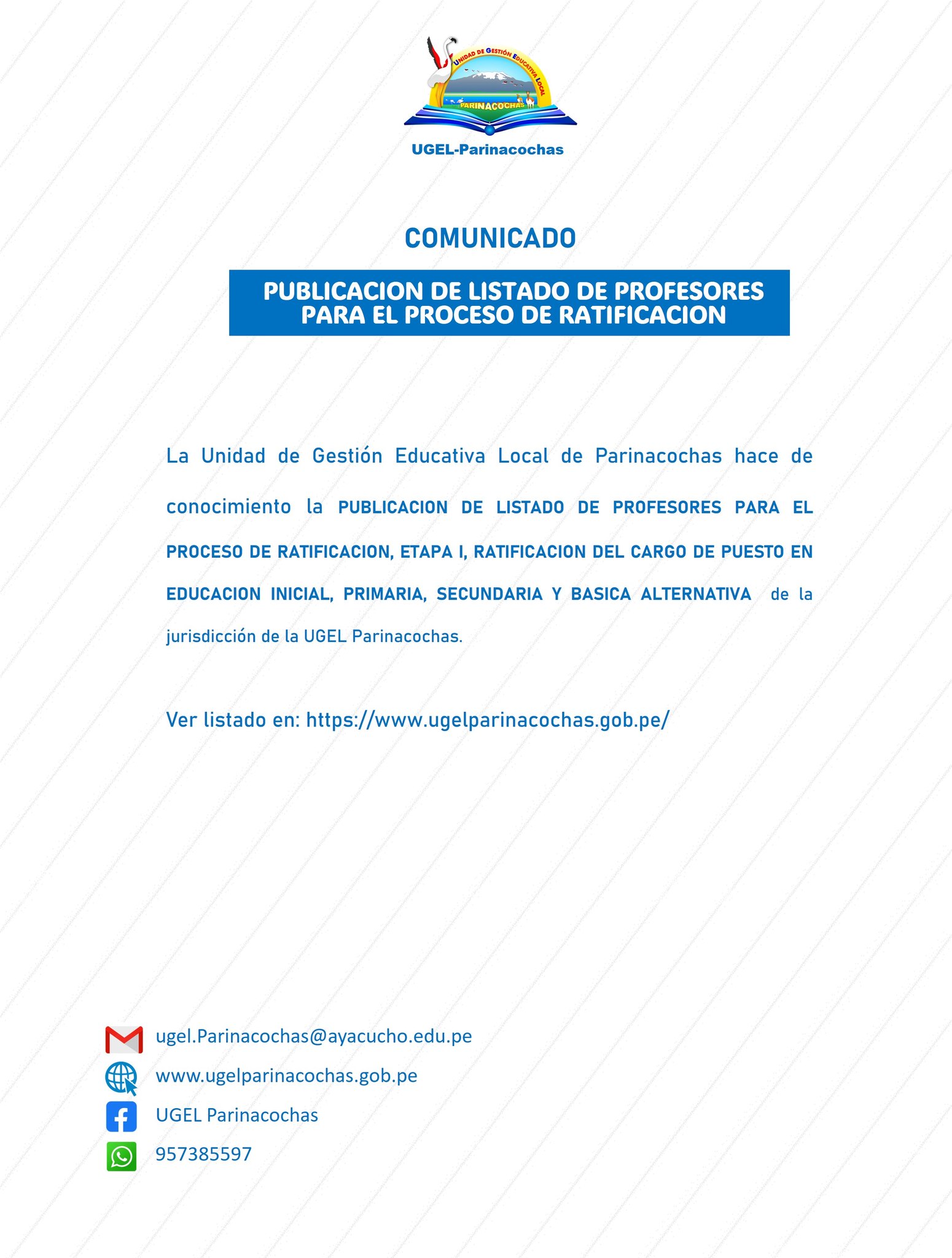 PUBLICACION DE LISTADO DE PROFESORES PARA EL PROCESO DE RATIFICACION