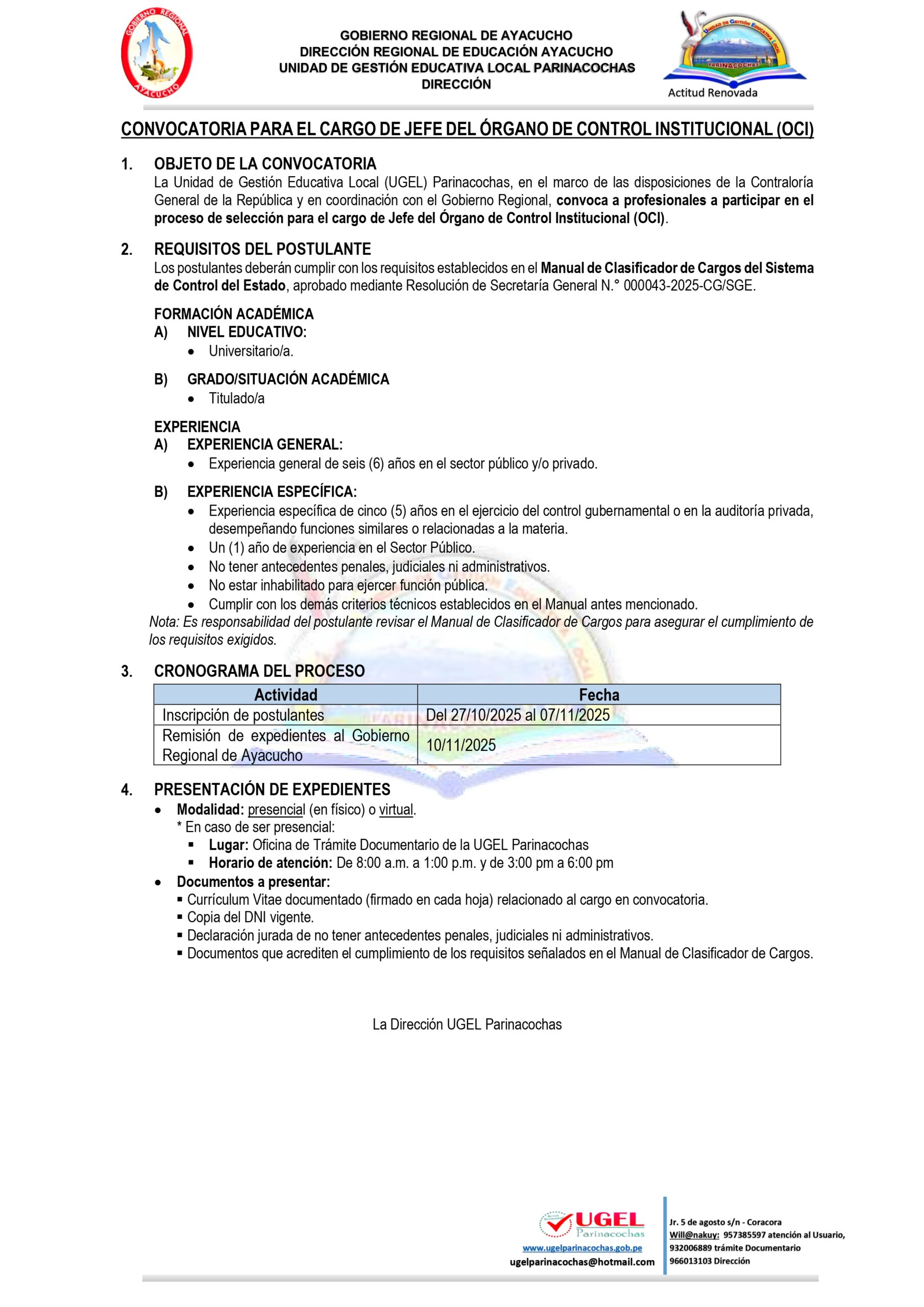 CONVOCATORIA PARA EL CARGO DE JEFE DEL ÓRGANO DE CONTROL INSTITUCIONAL (OCI)